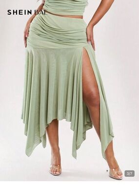 SHEIN Sage Green Asymmetrical High-Slit Midi Skirt
